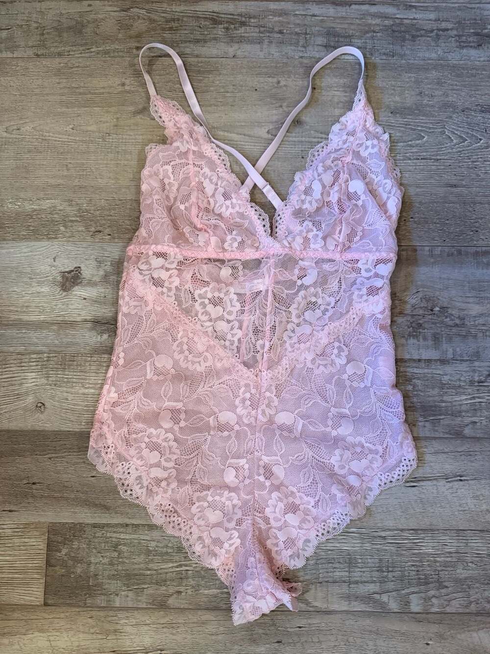 Avidlove Sheer Pink Lace Chemise Bodysuit with Floral Detail size S